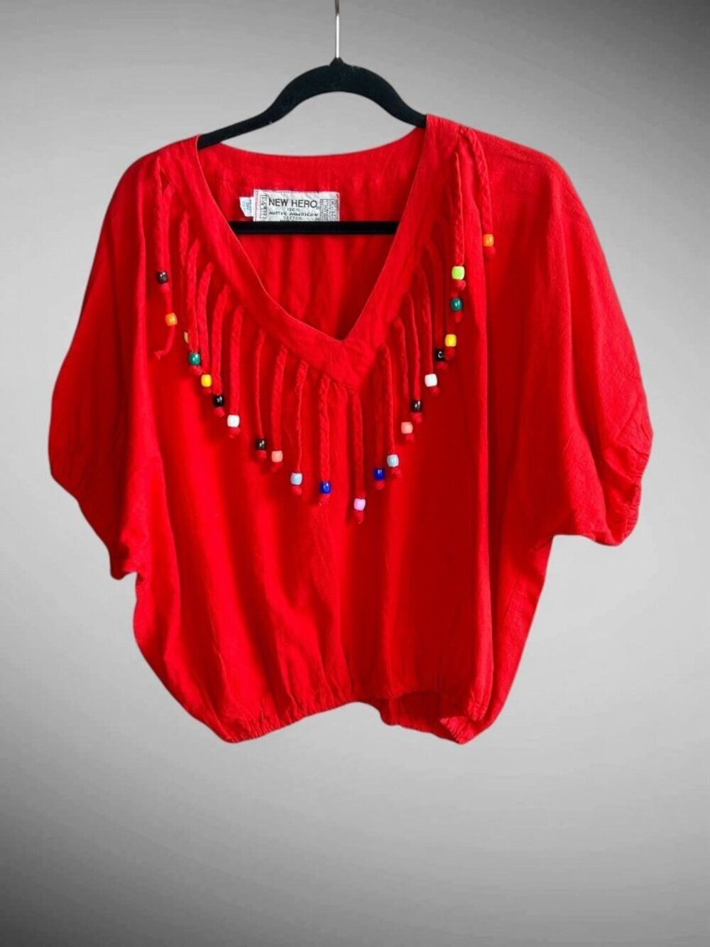 New Hero 100% Native American Cotton Red Ethnic Beaded Fringe Top